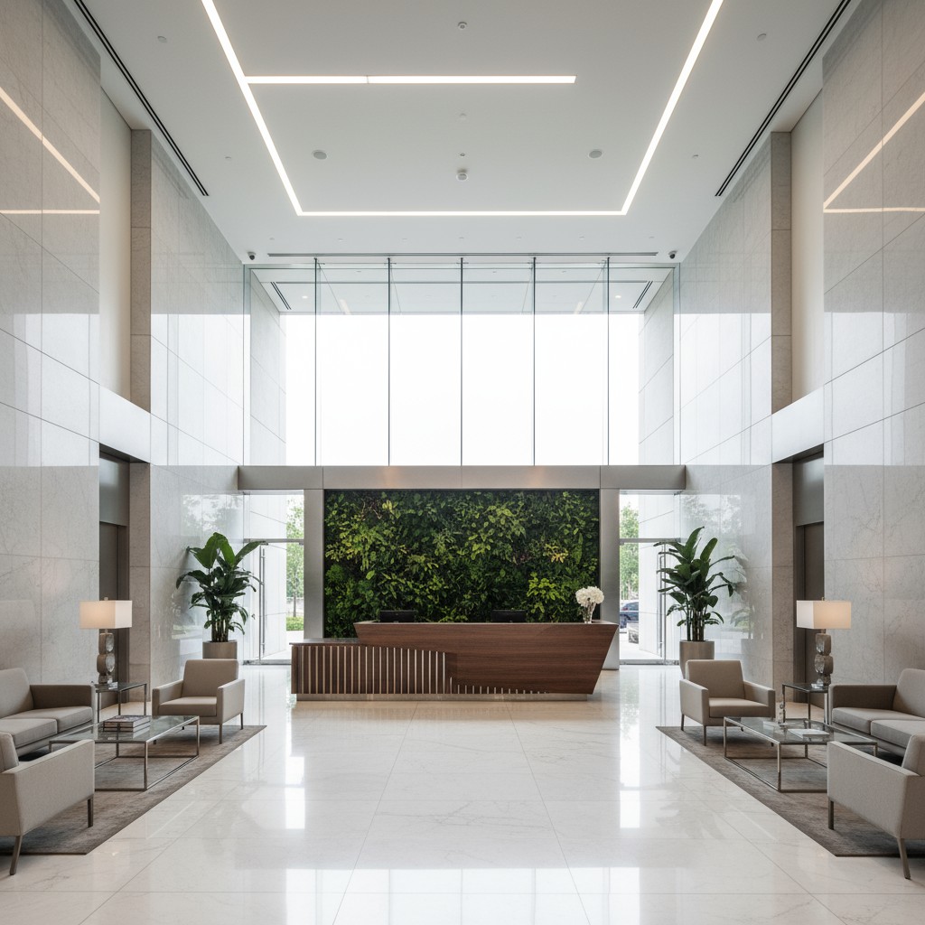 A modern office lobby with a large reception desk, seating area, and glass wall to the rear featuring a lush greenery wall...