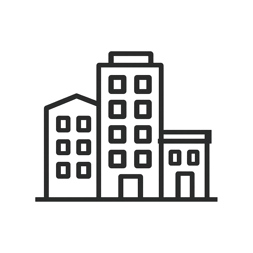 A grayscale outline of a building with 3 levels and a peaked roof.